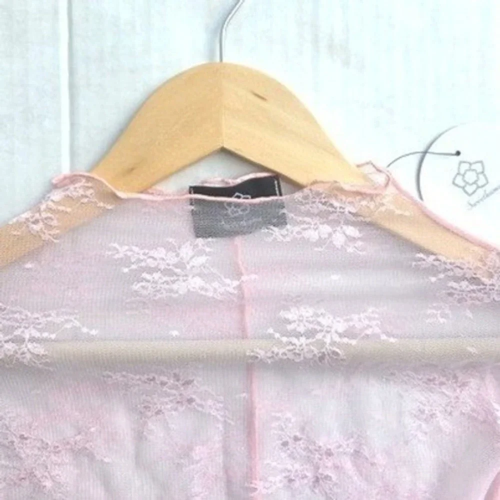 NWT Pink Sheer Floral Lace Top • Coquette Fairycore Mock Neck Long Sleeve Size L - Picture 5 of 7